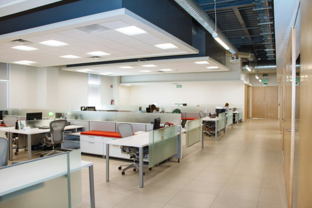 Bright open-plan office with rows of workstations